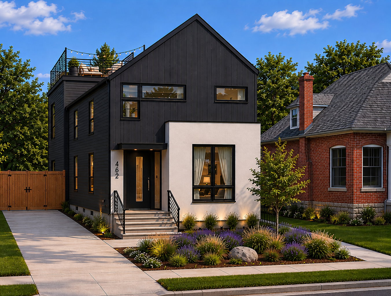 Modern exterior featuring black vertical siding and white stucco accents