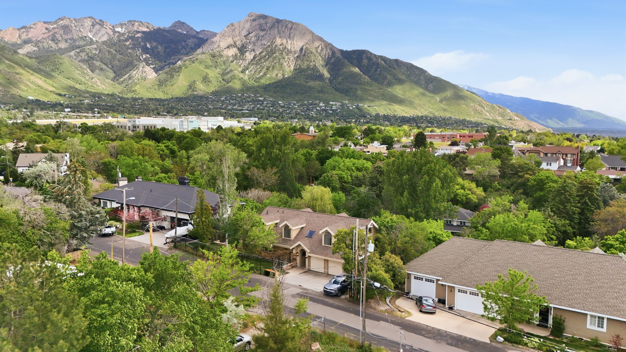 Residential street featuring a variety of architectural styles, mature trees, and a mountain backdrop