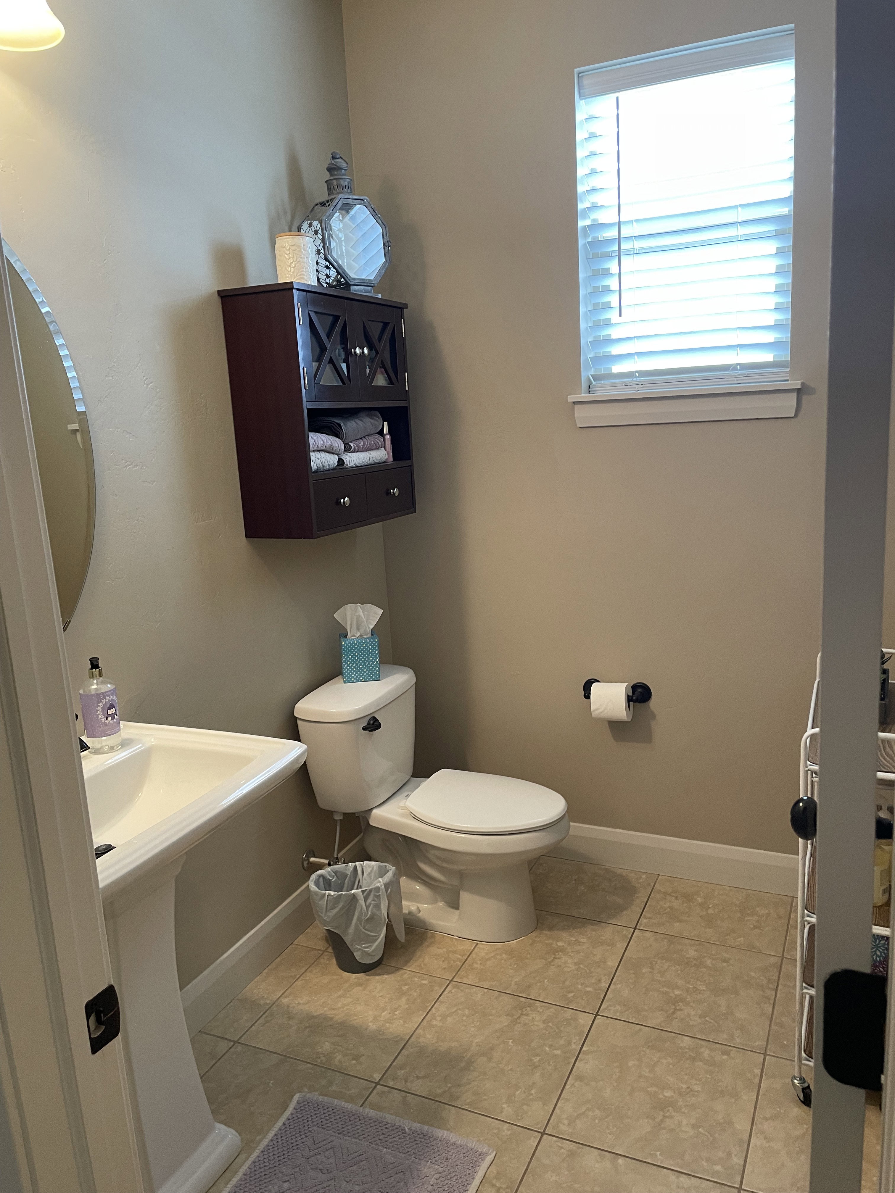 Pedestal sink with white basin, complemented by a wall-mounted dark wood-finish cabinet