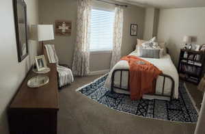 Carpeted room featuring a window with blinds and patterned drapes, a dark wood dresser, a dark wood bookshelf, and painted walls