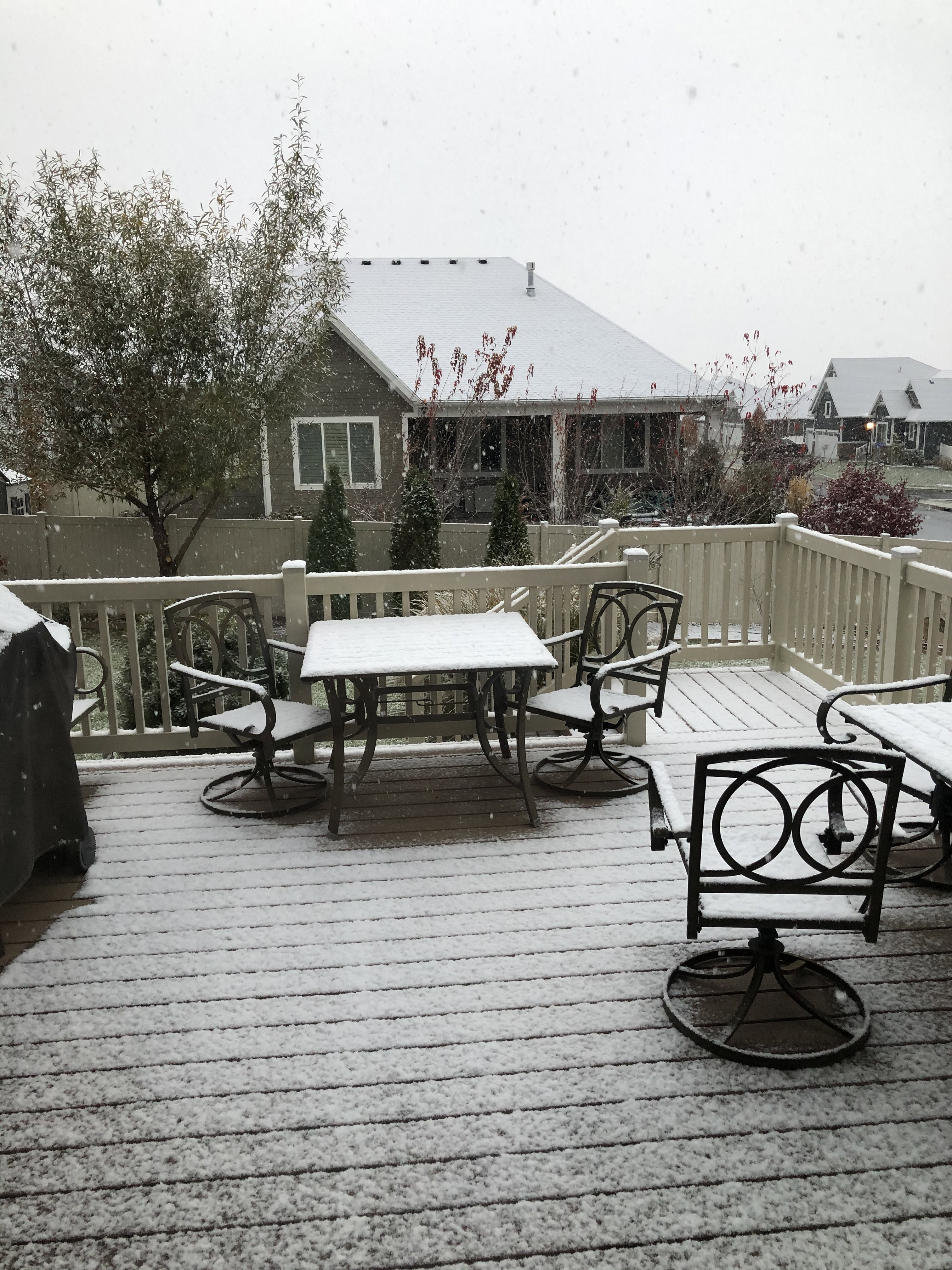Expansive deck with wood-finish flooring and a full railing system