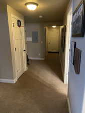 Hallway featuring warm-toned carpet flooring