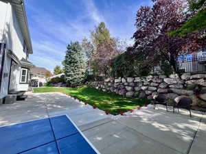 Spacious concrete patio and pathway leading to an expansive lawn area