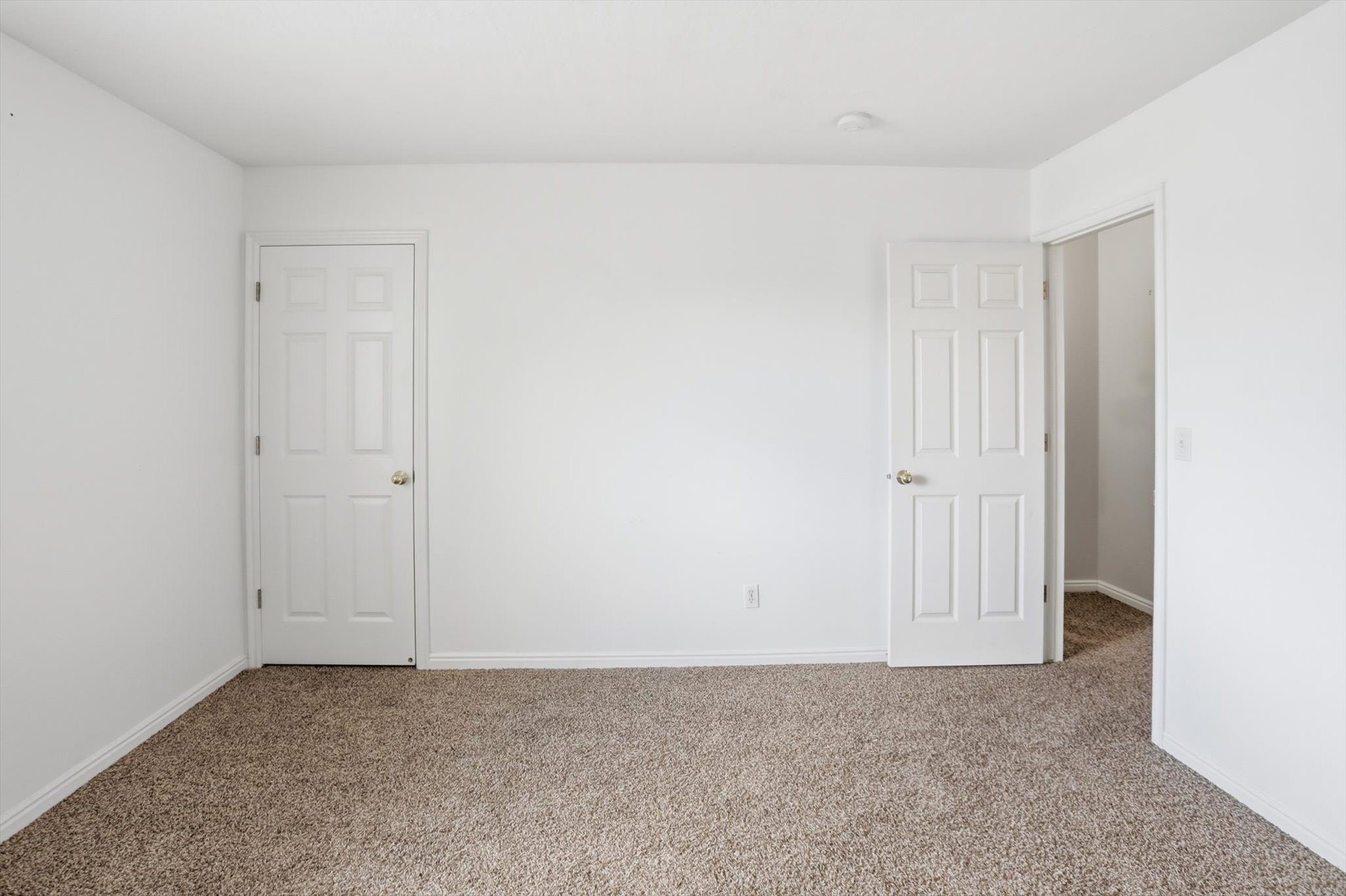 Carpeted room featuring two white paneled doors with gold-toned hardware, white baseboards, and a neutral ceiling