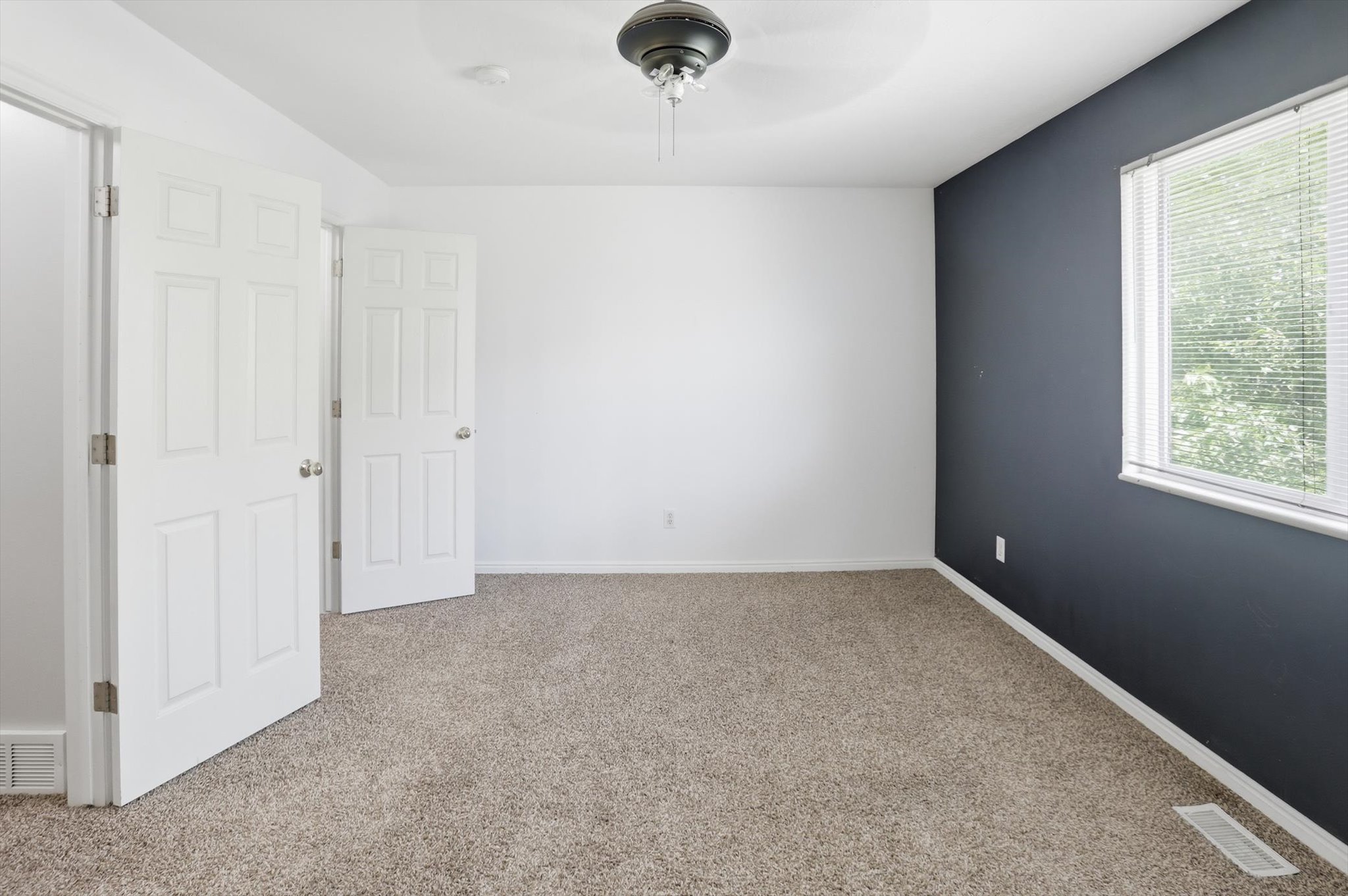Carpeted interior space with a contrasting accent wall