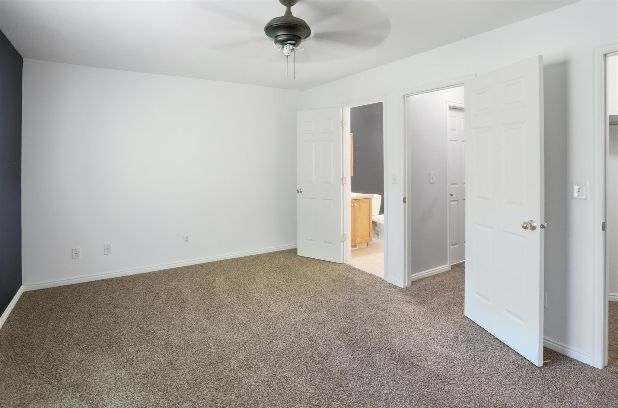 Expansive carpeted room featuring a ceiling fan, white walls with a dark accent wall, and multiple entryways