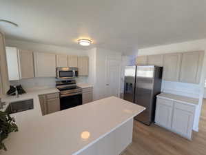 Modern kitchen with light-finish cabinetry, stainless steel appliances, and a central island with a white countertop