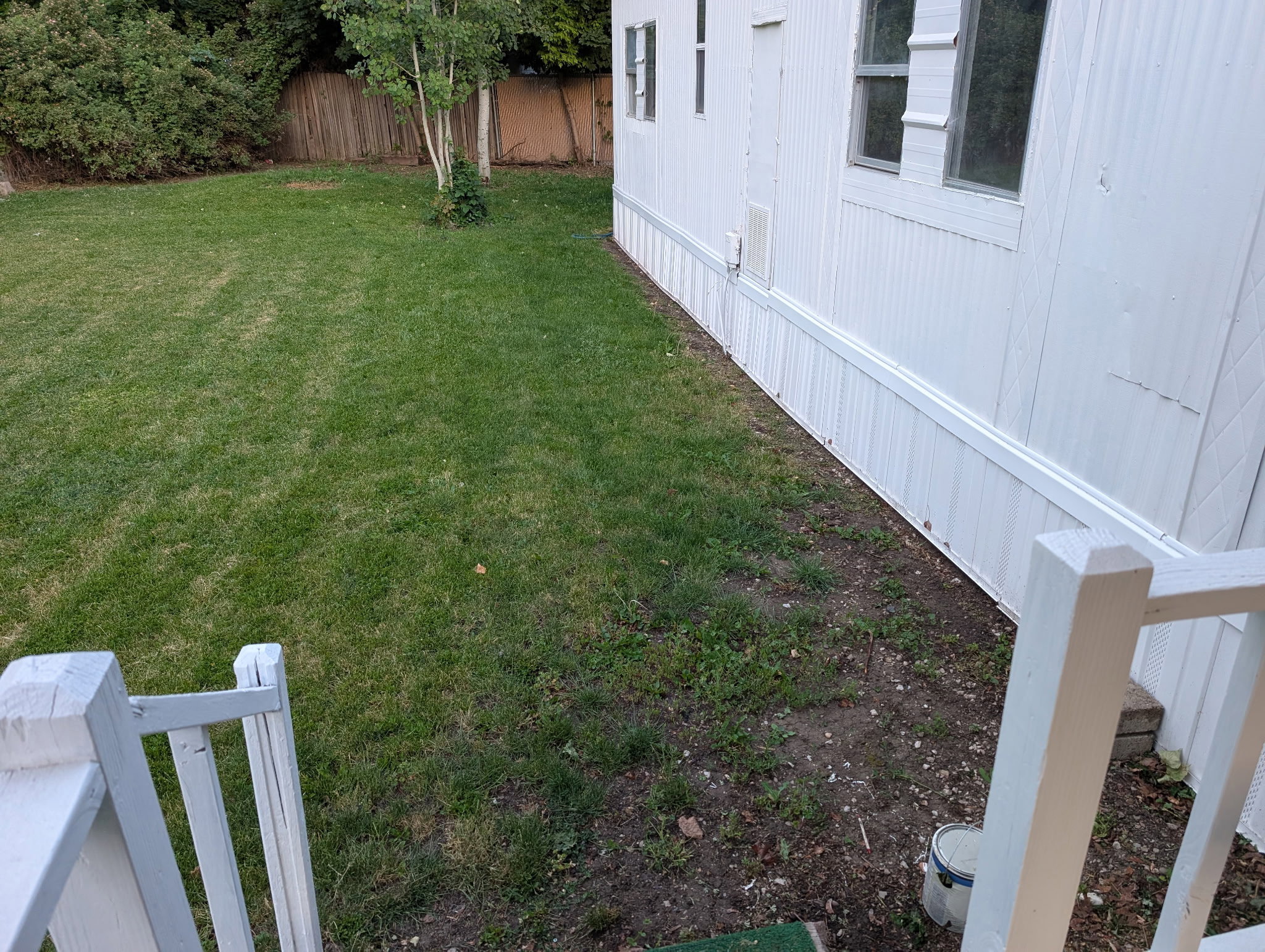Expansive green lawn with established trees and shrubbery, bordered by a wood fence