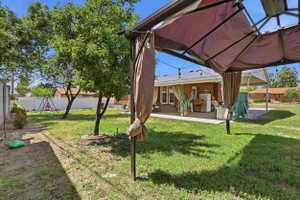 Expansive backyard featuring mature trees, a white privacy fence, and a covered patio area with string lighting