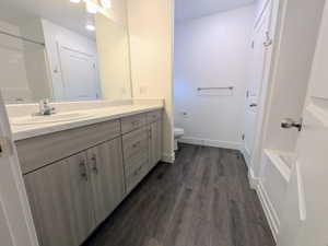 Spacious bathroom featuring a single vanity with extensive countertop space, wood-finish cabinetry, chrome fixtures, and plank flooring