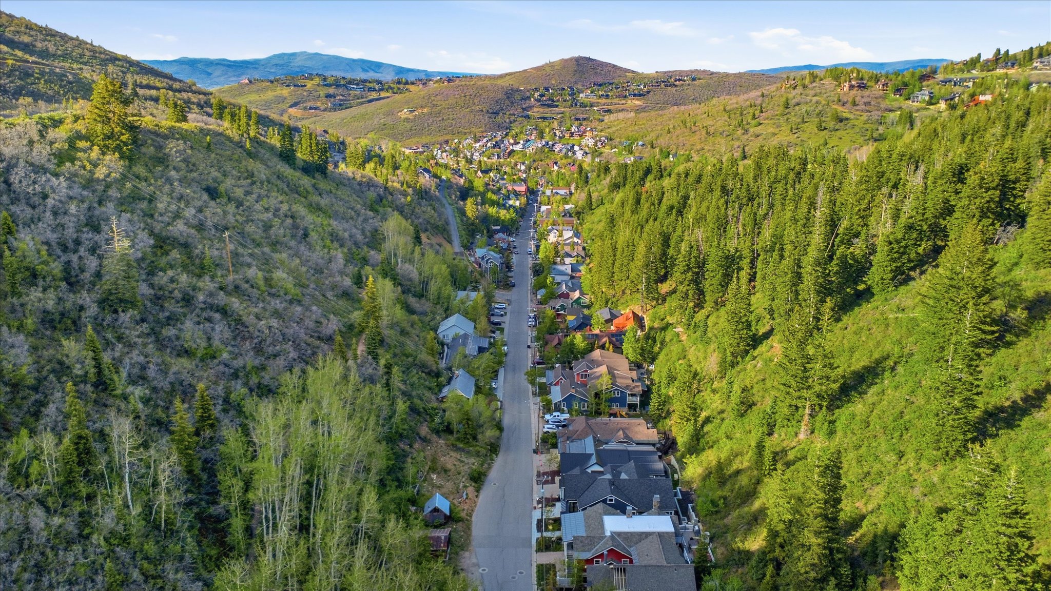 Residential properties nestled within a verdant valley, surrounded by wooded hillsides