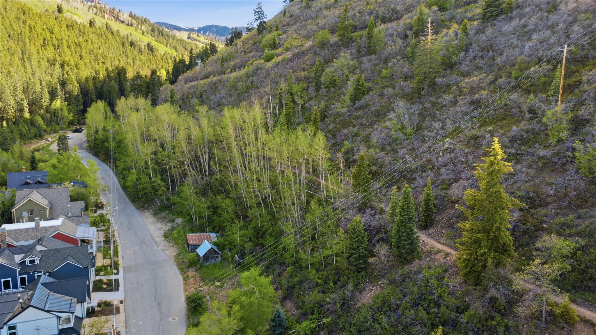 Lush mountainous terrain surrounding a residential street