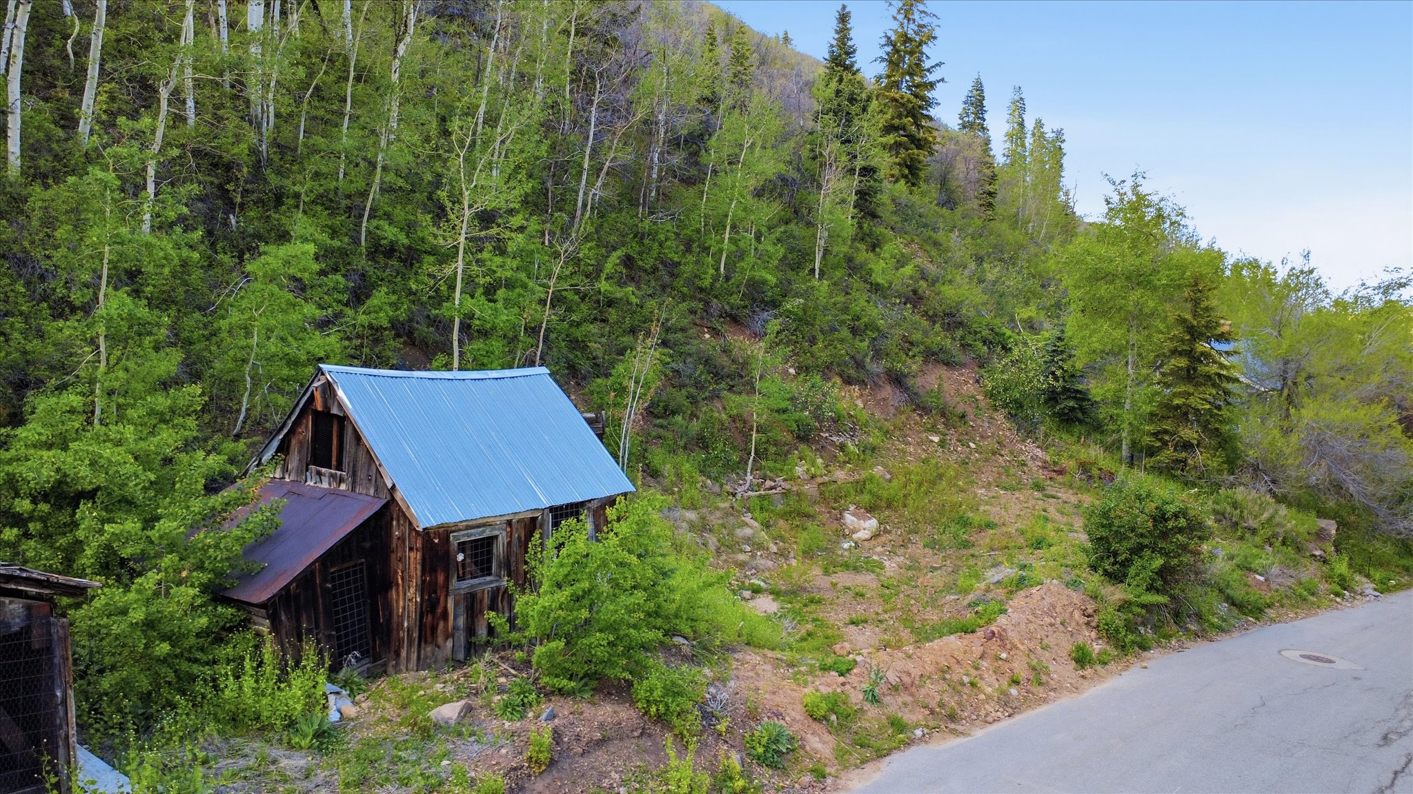 Rustic wood-sided structure with a blue corrugated metal roof