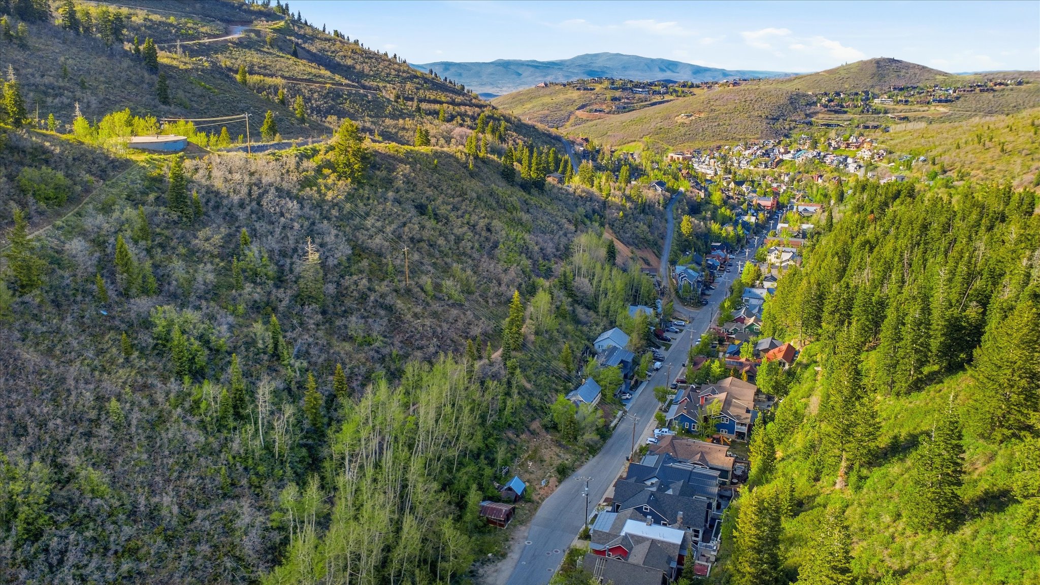 Mountainous landscape featuring a winding road and established residential properties
