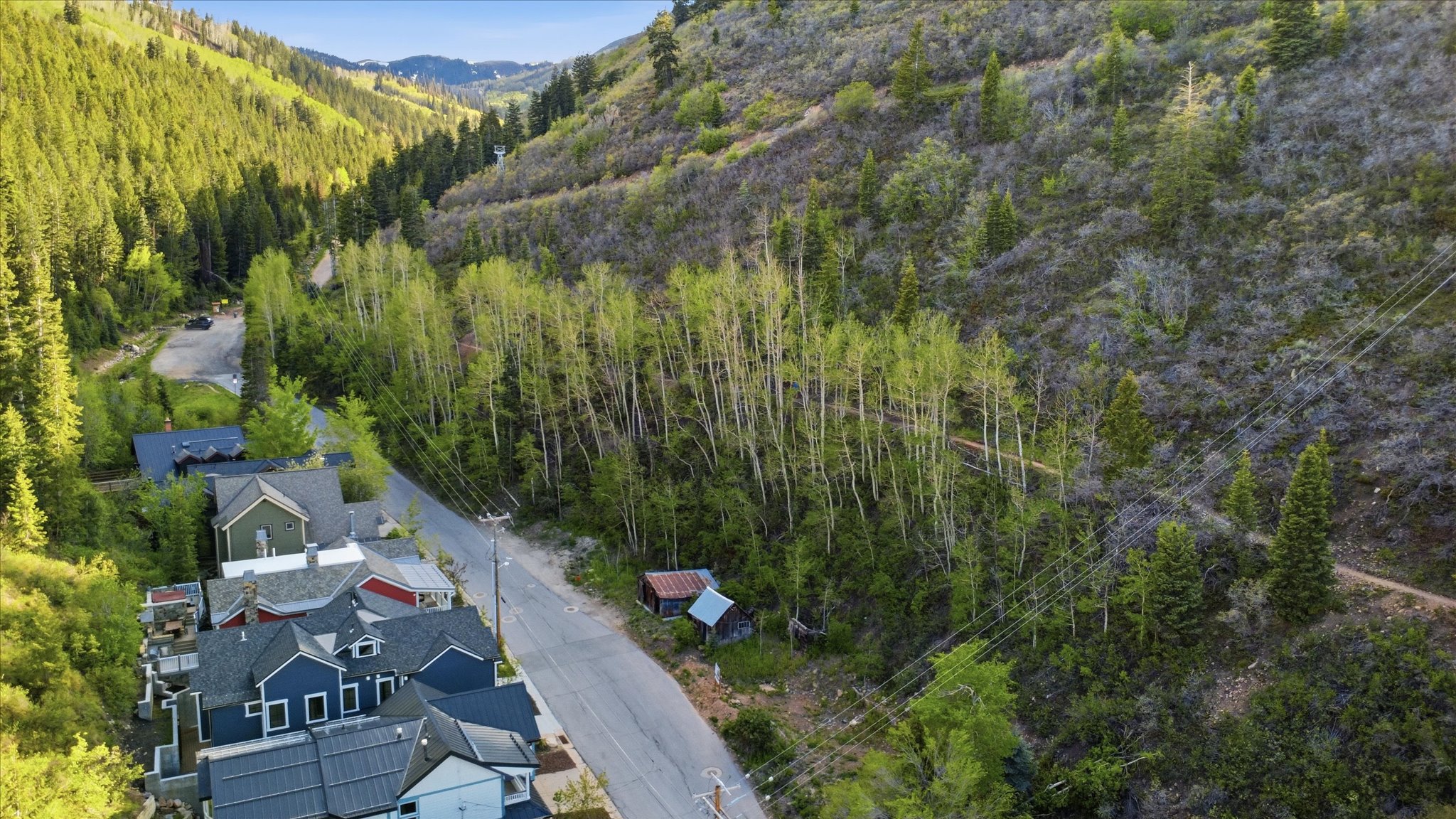 Mountainous terrain with lush green trees, a paved road, and a cluster of properties featuring dark roofs and varied siding materials