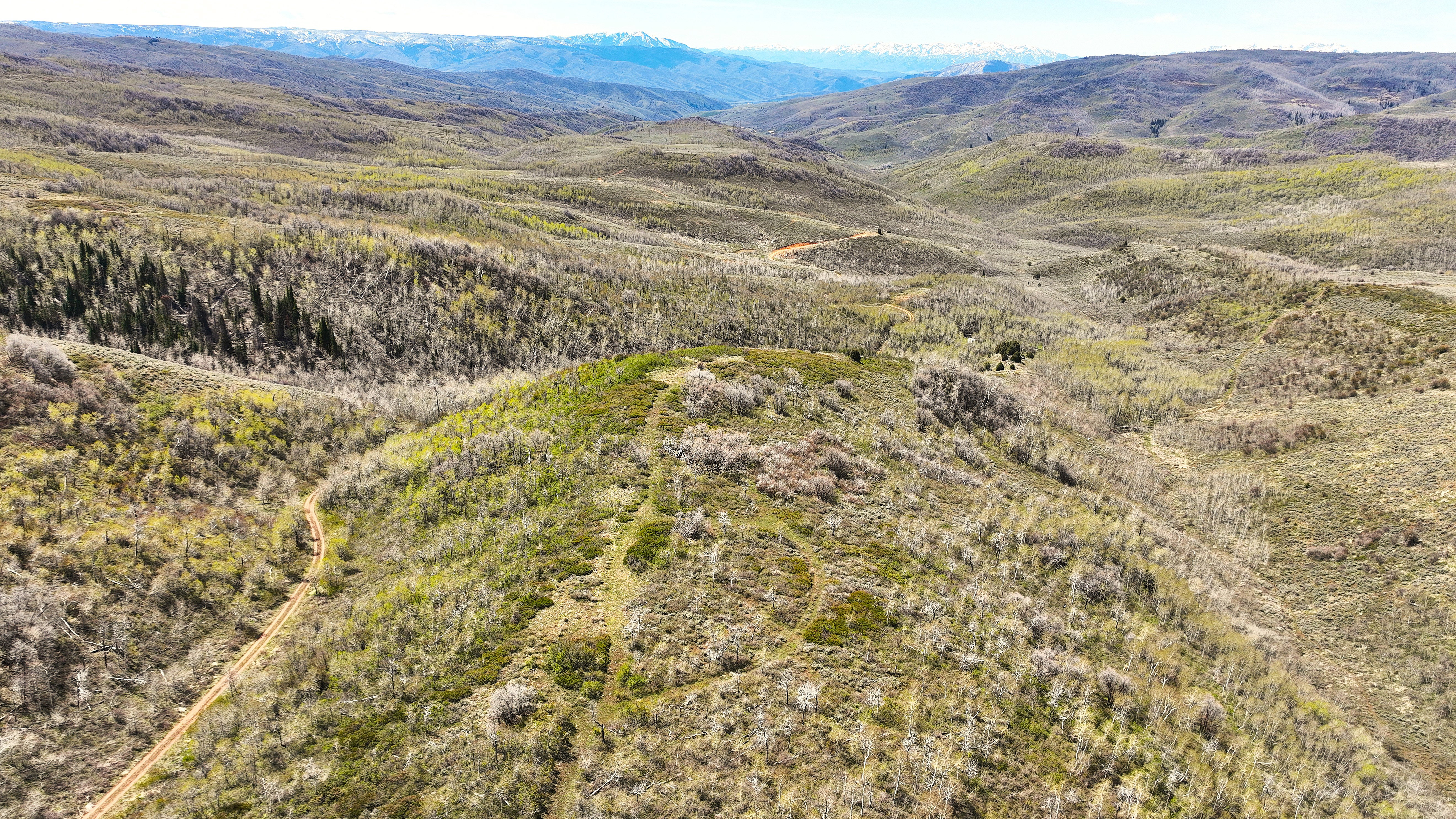 Expansive mountain landscape featuring varied terrain and distant snow-capped peaks