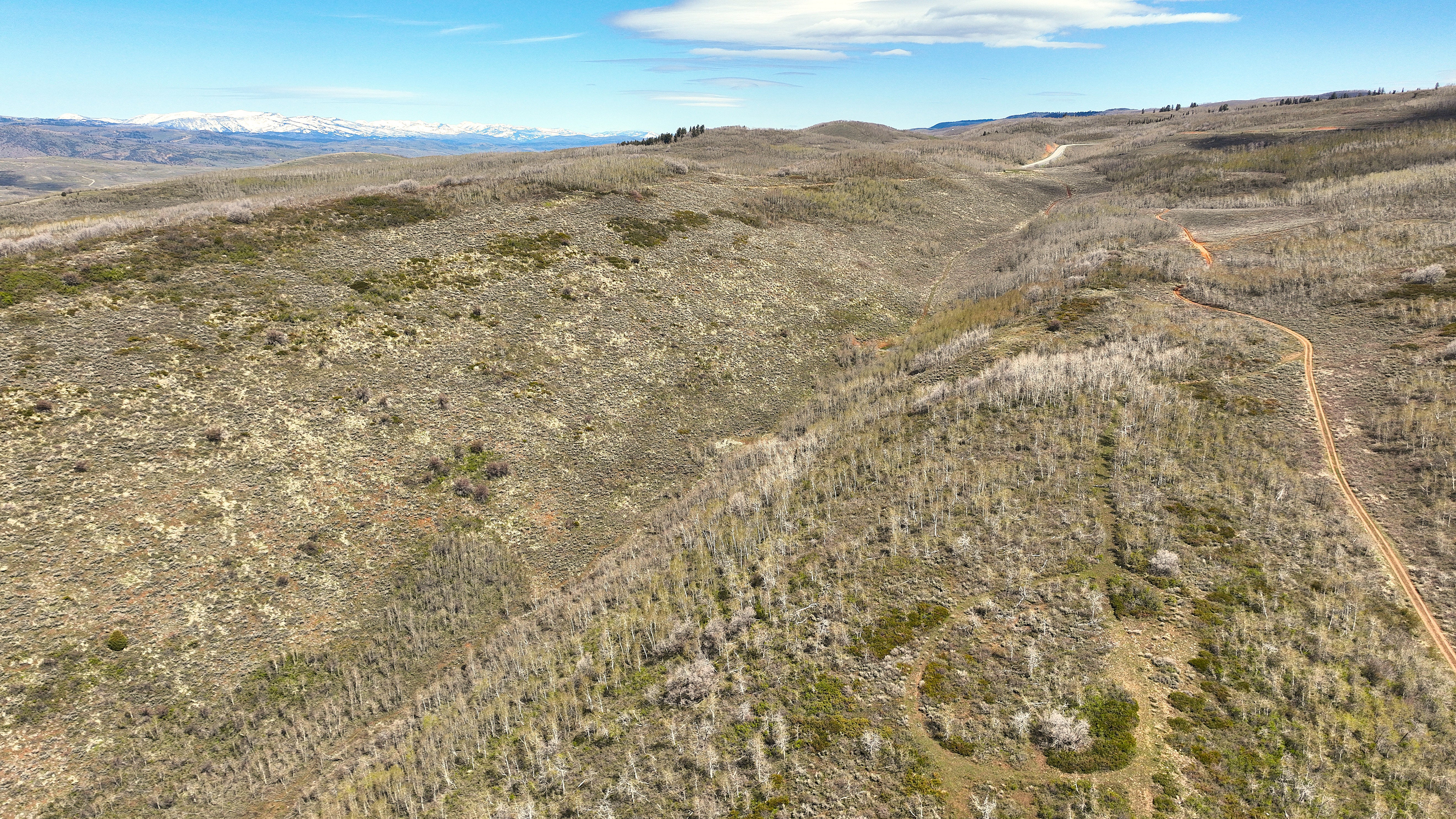 Expansive undeveloped terrain featuring varied topography, natural vegetation, and a visible dirt road
