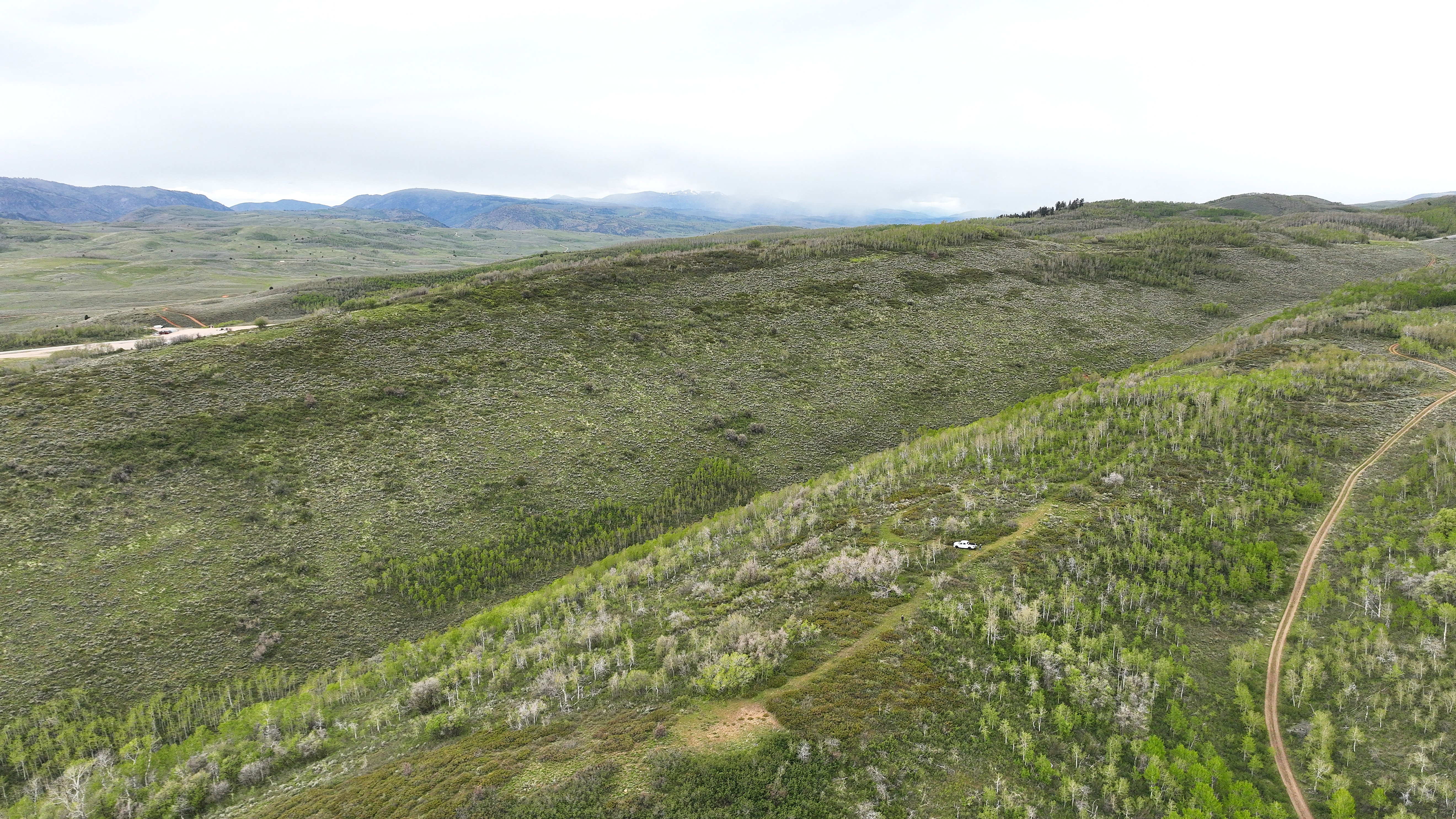 Expansive land featuring rolling hills, varied green foliage, distant mountains, and a visible unpaved road