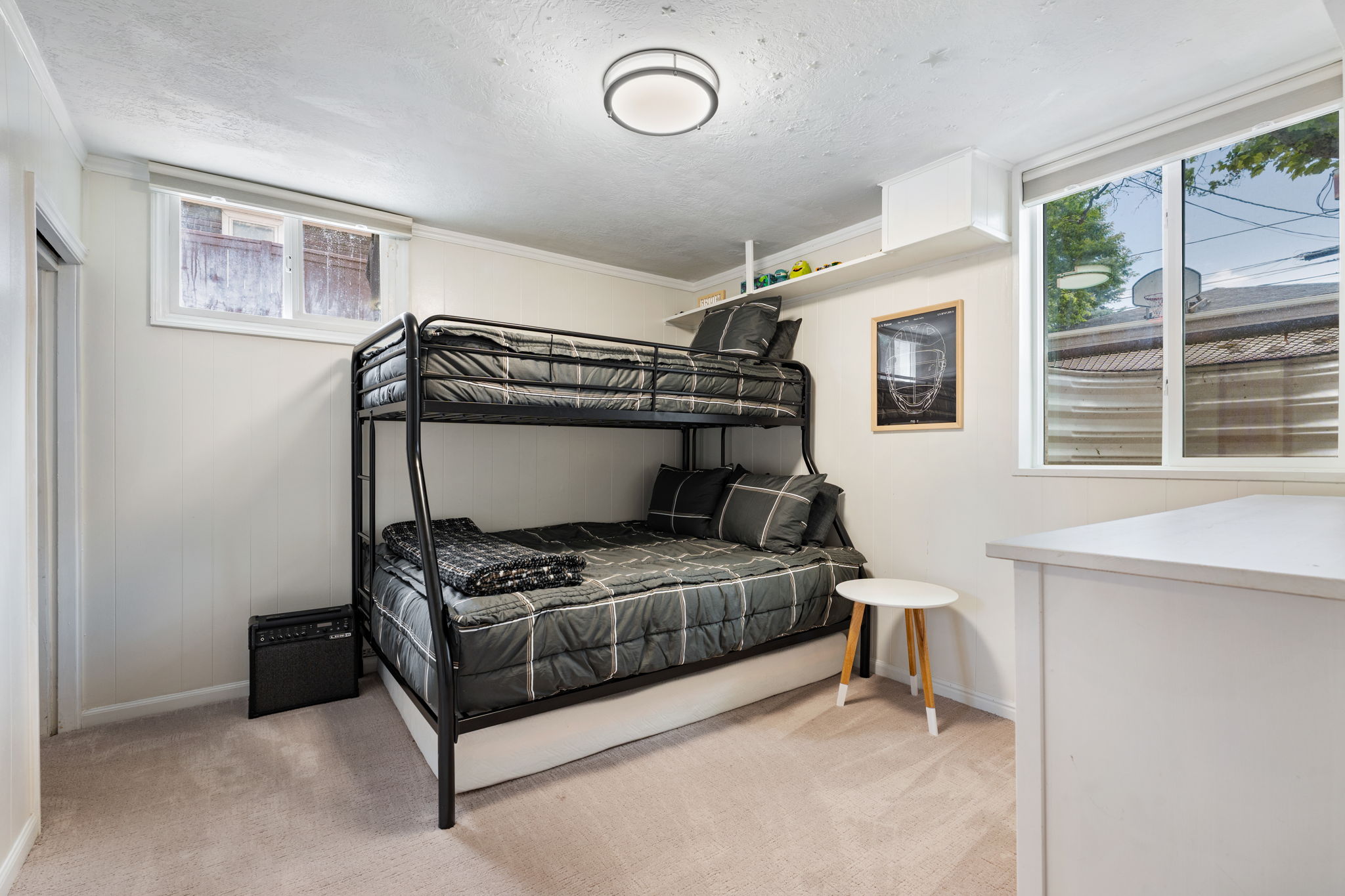 Carpeted room featuring a ceiling-mounted light fixture, two windows with blinds, a built-in wall shelf, and paneled walls