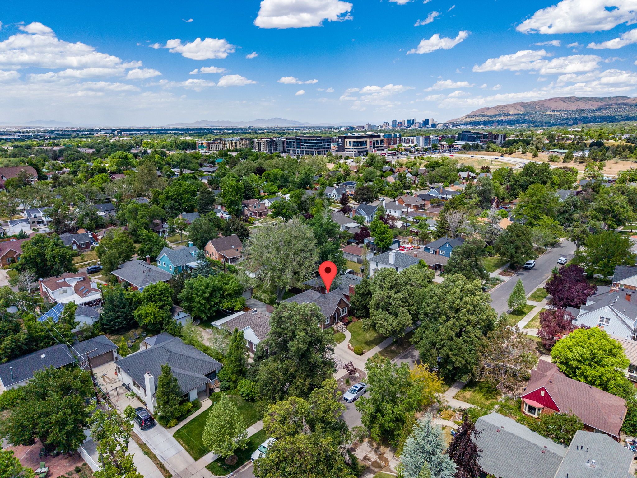 Aerial perspective showcasing a residential neighborhood with a variety of architectural styles, mature trees, and landscaping