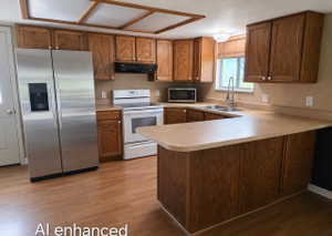 Kitchen featuring wood-finish flooring, wood cabinetry with white knobs, stainless steel side-by-side refrigerator, white range, and light-toned countertops. Picture AI-enhanced