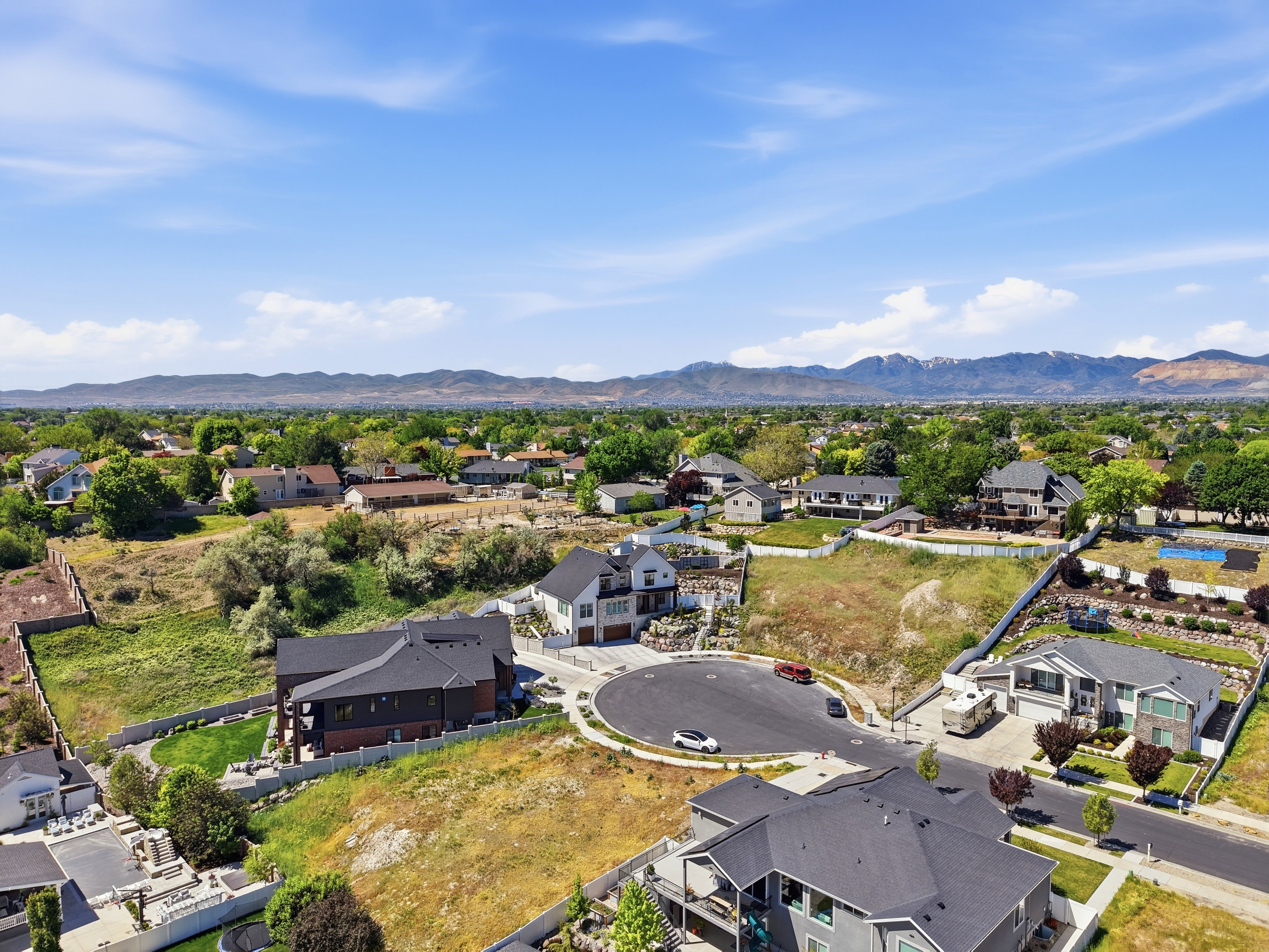 Aerial perspective showcasing a residential area with varied housing styles