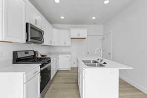 Modern kitchen featuring white cabinetry, light-toned wood-finish flooring, a stainless steel gas range, microwave, and a double basin sink with a gooseneck faucet