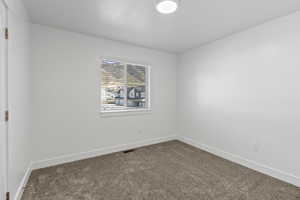Bright interior space featuring neutral wall paint, plush carpeting, a window with horizontal blinds, a ceiling-mounted light fixture, and white baseboards