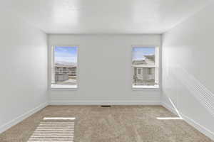 Room featuring neutral-toned carpet, white walls, and two windows with blinds