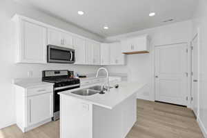 Modern kitchen featuring white shaker cabinetry, stainless steel appliances, a center island with a double basin sink, light wood-finish flooring, and recessed lighting