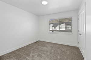 White-painted interior room featuring plush carpet flooring, a window with horizontal blinds, and a paneled door with a brushed nickel handle