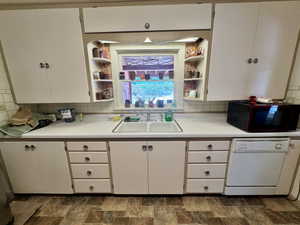 Kitchen area featuring upper and lower cabinetry, a double basin sink, and a built-in dishwasher