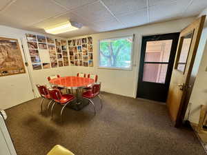 Carpeted room featuring a drop ceiling, white walls, and a window providing natural light
