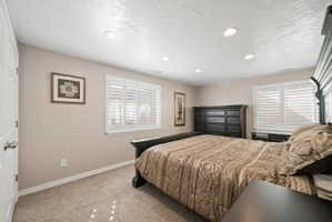 Bedroom featuring light colored carpet, recessed lighting, and a textured ceiling