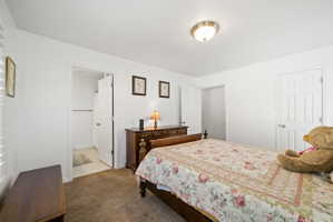 Bedroom featuring dark carpet