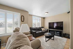 Living room with a textured ceiling and light wood-style flooring