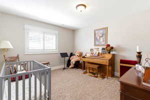 Carpeted room featuring a window with white plantation shutters, neutral painted walls, and white trim