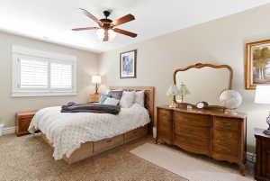 Carpeted room featuring a ceiling fan with light fixture, window with white plantation shutters and trim, and neutral wall paint