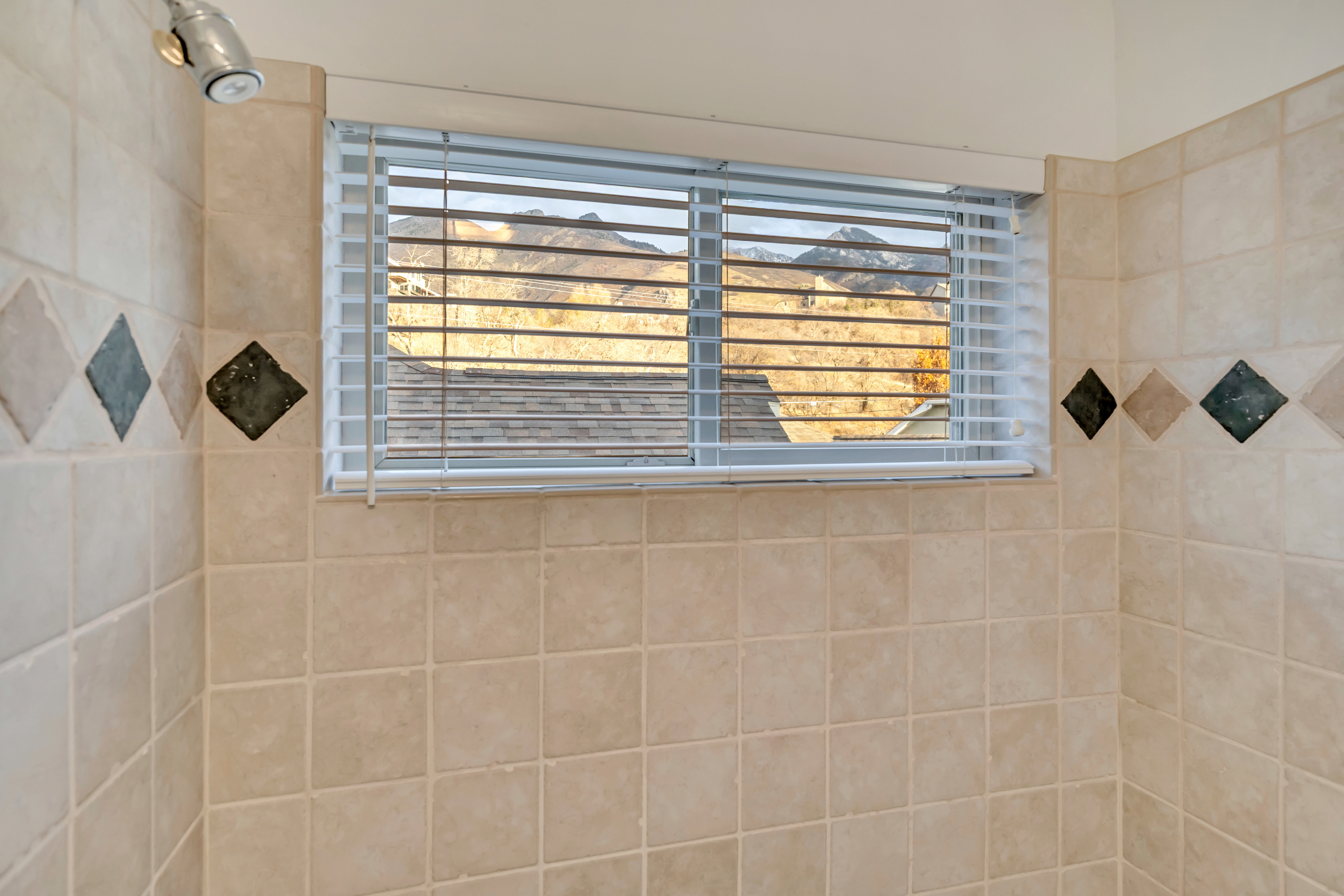 Shower enclosure with light-toned square wall tiles and a decorative diamond-patterned accent band