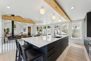 Modern kitchen featuring a large island with a built-in sink and dark cabinetry, light wood-finish flooring, and multiple windows
