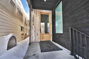 Modern entry featuring black horizontal siding and a light wood-finish door with a full-length glass panel