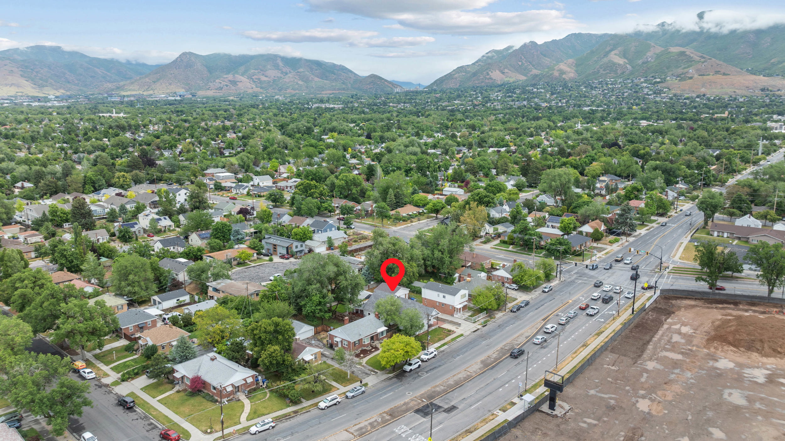 Aerial perspective showcasing a residential neighborhood with mature tree canopies