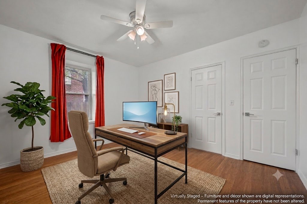 AI staged office/den Hardwood-finish flooring complementing white walls and trim