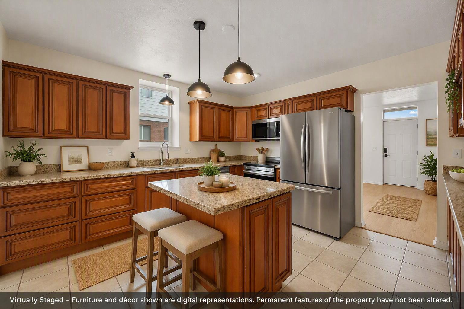 AI staged Kitchen featuring wood cabinetry, light-toned stone countertops, stainless steel appliances, and a central island