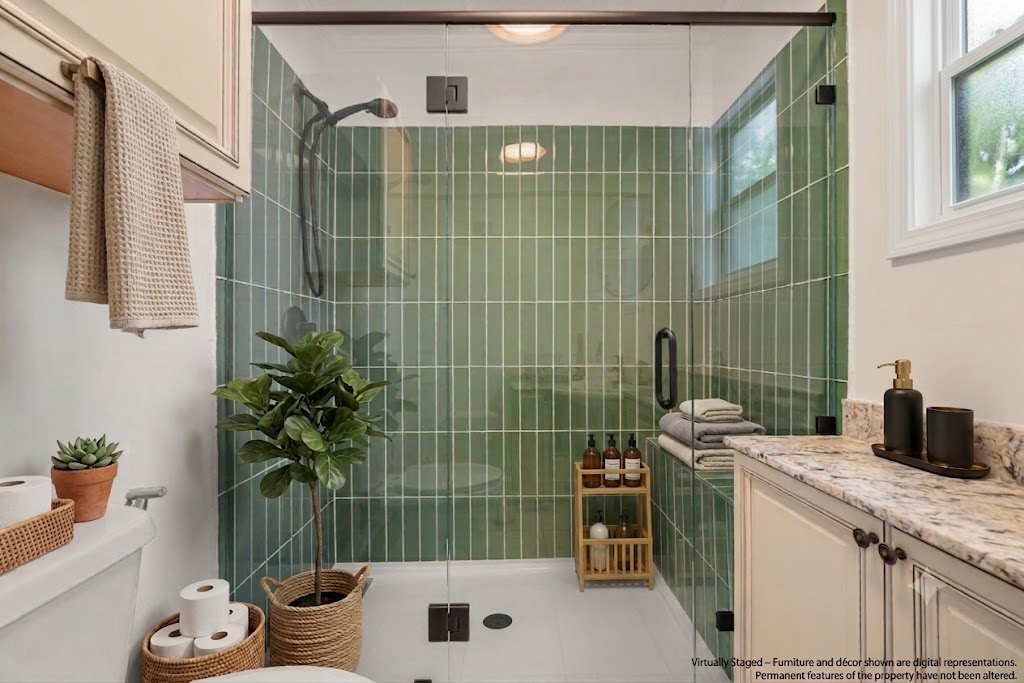 AI staged bathroom shower enclosure featuring vertical green subway tile