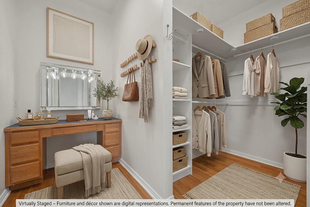 AI staged Custom closet system featuring built-in shelving and hanging rods