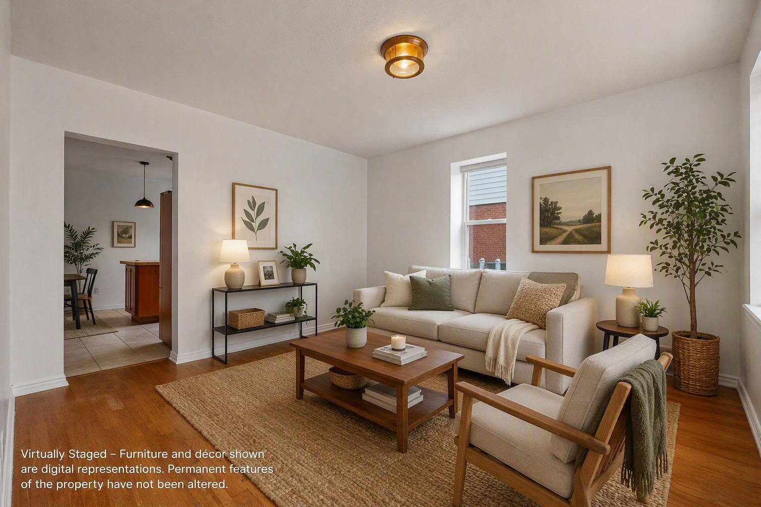 AI staged living area featuring wood-finish flooring, white walls, and a warm ceiling light fixture