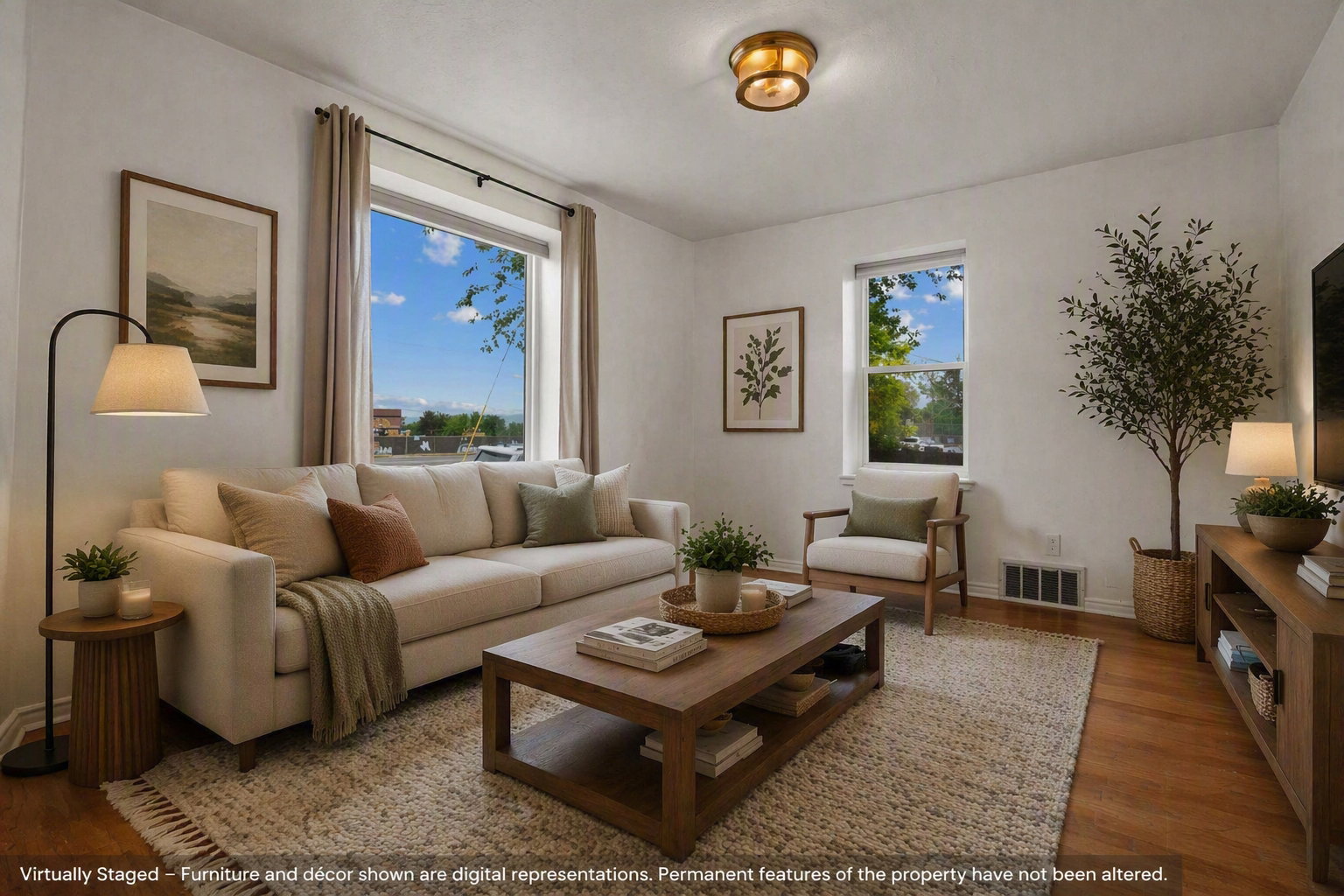 AI staged Living area featuring wood-finish flooring, white walls, and a brass-finish flush mount ceiling light