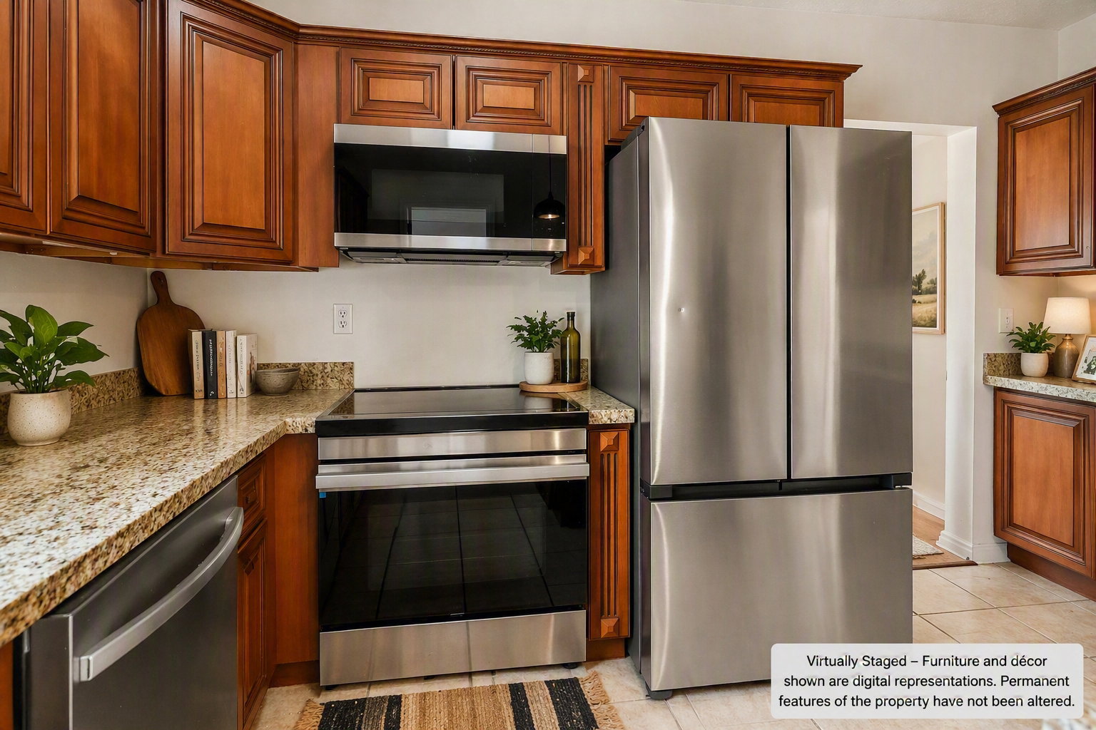 AI staged Kitchen featuring rich wood cabinetry, stainless steel appliances including a refrigerator and oven, speckled countertops, and a built-in microwave