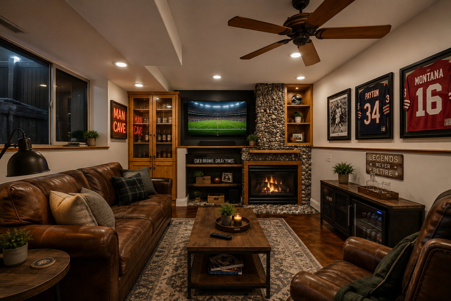 Cozy living area featuring a stone-clad fireplace with wood mantle, built-in shelving, recessed ceiling lighting, and wood-finish flooring